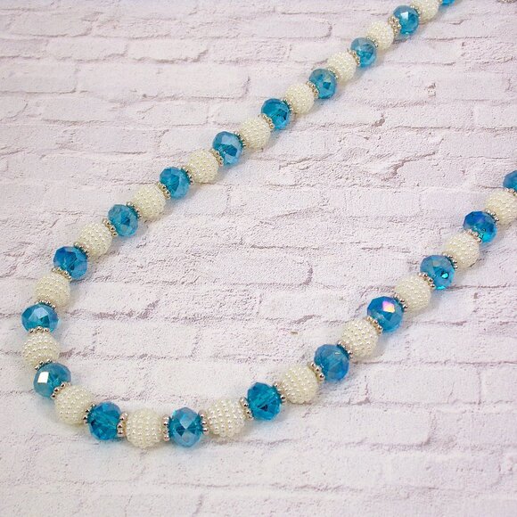 Blue glass and white round bead necklace an earring set with silver spacer beads - Picture 6 of 15
